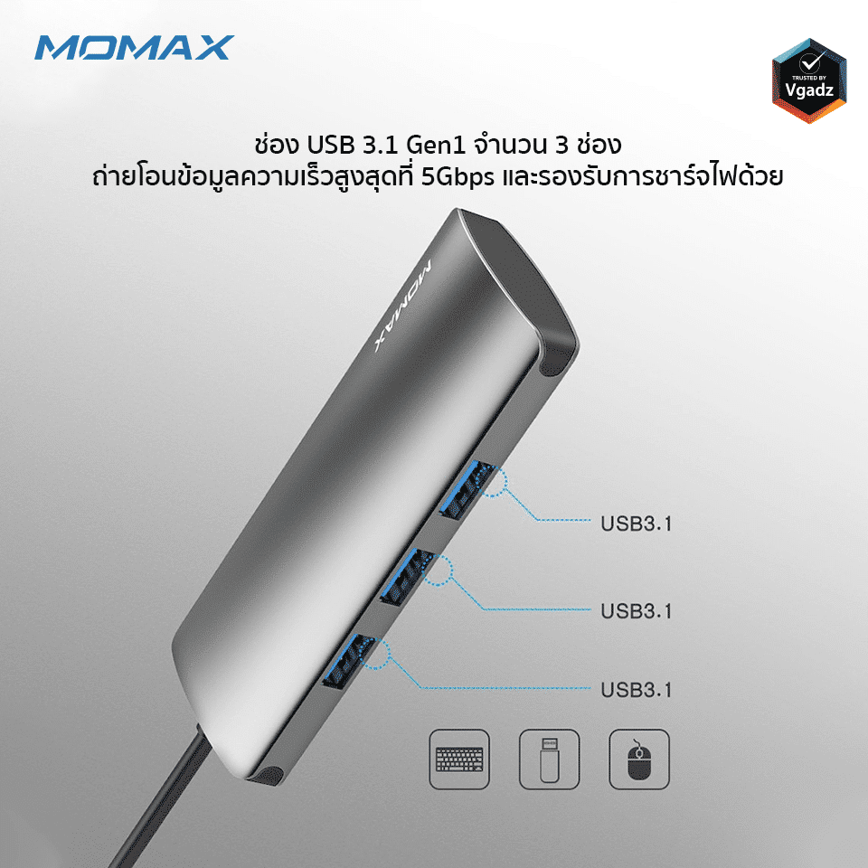 อุปกรณ์เชื่อมต่อ Momax รุ่น One Link 6-in-1 Type-C Hub - สีเทา