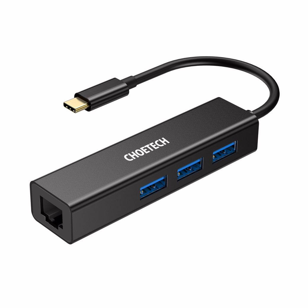 อุปกรณ์เชื่อมต่อ Choetech รุ่น 4-In-1 USB-C to RJ45 Adapter HUB (U02) - สีดำ