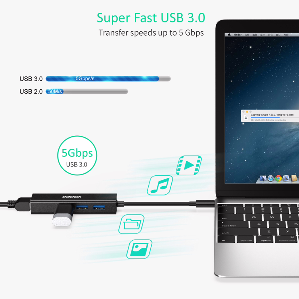 อุปกรณ์เชื่อมต่อ Choetech รุ่น 4-In-1 USB-C to RJ45 Adapter HUB (U02) - สีดำ