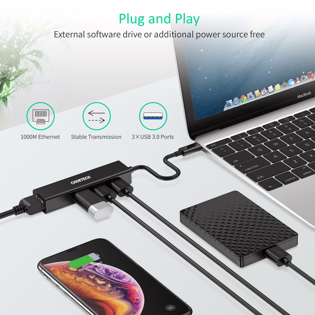 อุปกรณ์เชื่อมต่อ Choetech รุ่น 4-In-1 USB-C to RJ45 Adapter HUB (U02) - สีดำ