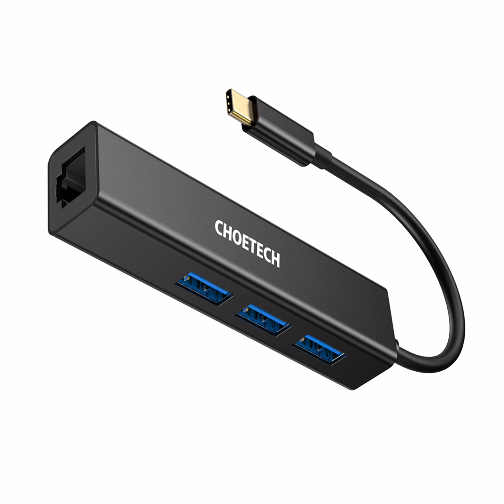 อุปกรณ์เชื่อมต่อ Choetech รุ่น 4-In-1 USB-C to RJ45 Adapter HUB (U02) - สีดำ