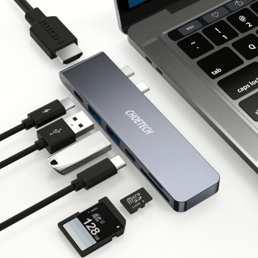 อุปกรณ์เชื่อมต่อ Choetech รุ่น 7-In-2 USB-C Multiport Adapter Hub (M14) - สีเทา - Image 2