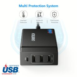 หัวชาร์จ Choetech รุ่น 4-Port Desktop Charger PD72W และสาย 1.5m US Power Cord (PD72-1C3U) - สีดำ