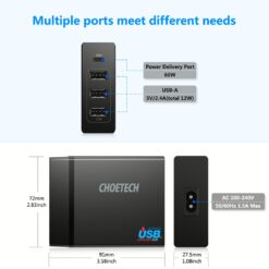 หัวชาร์จ Choetech รุ่น 4-Port Desktop Charger PD72W และสาย 1.5m US Power Cord (PD72-1C3U) - สีดำ