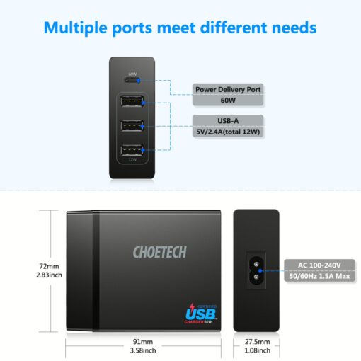 หัวชาร์จ Choetech รุ่น 4-Port Desktop Charger PD72W และสาย 1.5m US Power Cord (PD72-1C3U) - สีดำ - Image 12