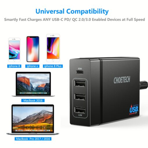 หัวชาร์จ Choetech รุ่น 4-Port Desktop Charger PD72W และสาย 1.5m US Power Cord (PD72-1C3U) - สีดำ - Image 13