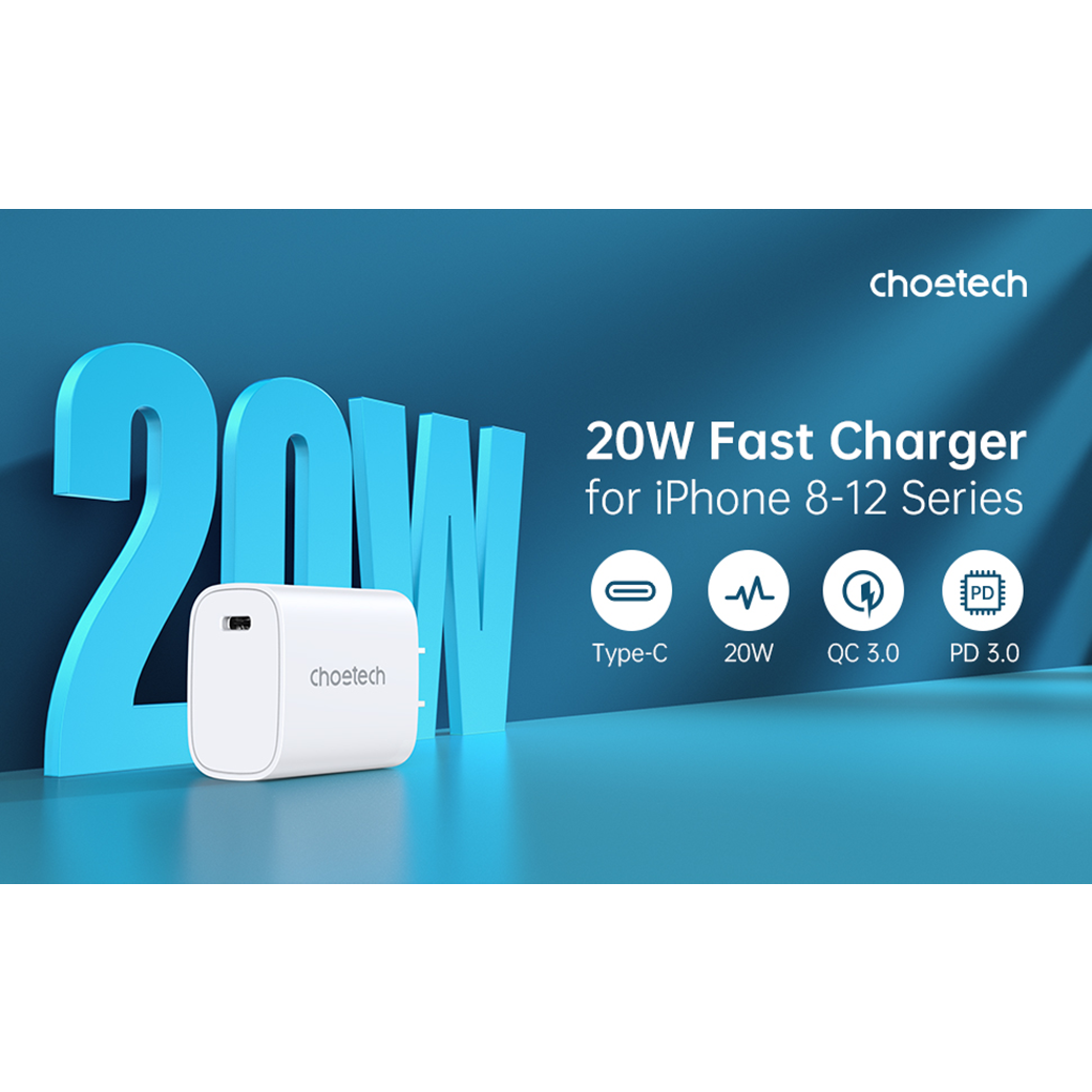 หัวชาร์จ Choetech รุ่น USB-C Matt US Wall Charger PD20W (Q5004) - สีขาว