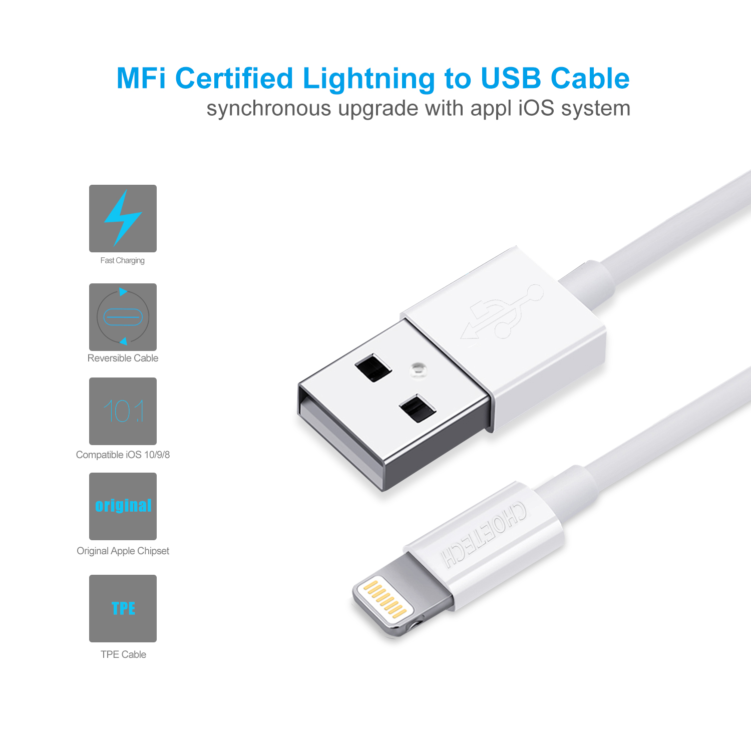 สายชาร์จ Choetech รุ่น USB to Lightning Cable 1.8m MFI Certified Nickel-plated Connectors (IP0027) - สีขาว