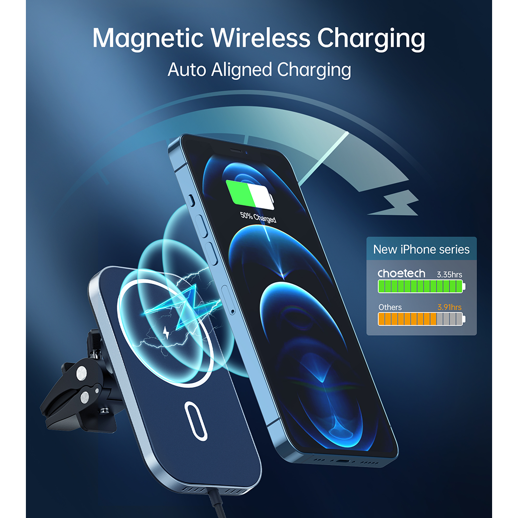 ที่ชาร์จในรถยนต์ Choetech รุ่น Car Magnetic Wireless Fast Charging with C Port Line 1.5m - สีดำ