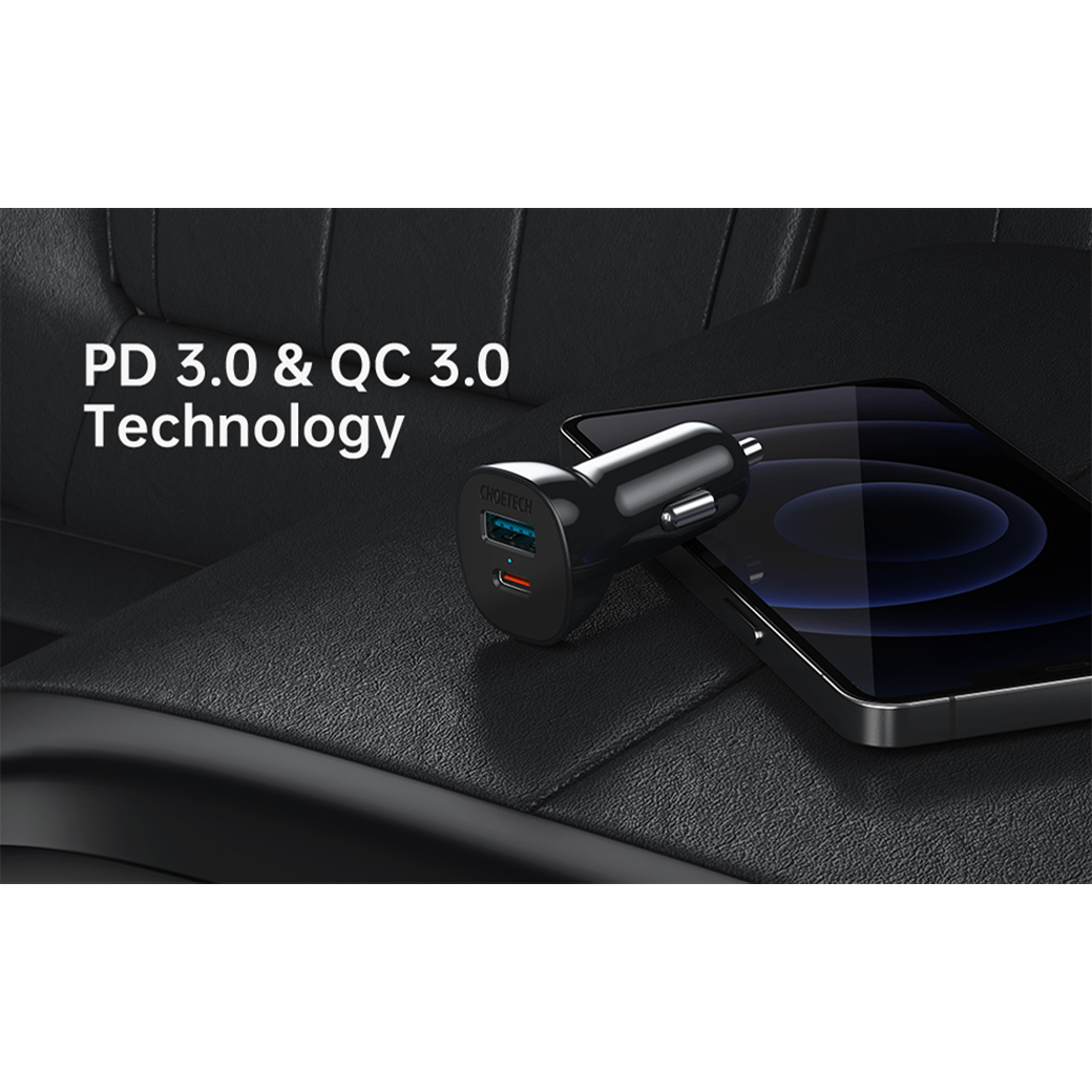 ที่ชาร์จในรถยนต์ Choetech รุ่น Dual Ports Car Charger PD20W QC3.0 38W (TC0005-V2) - สีดำ