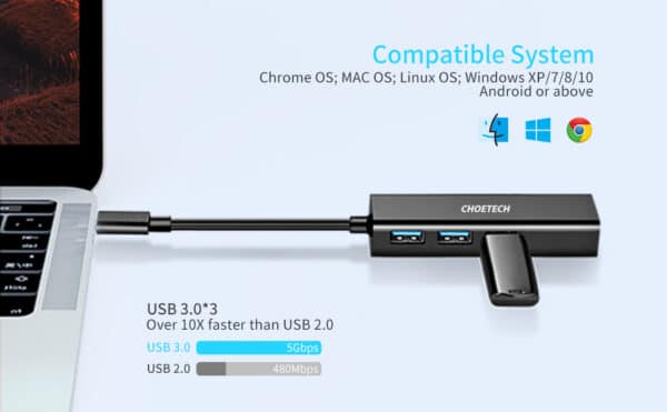 อุปกรณ์เชื่อมต่อ Choetech รุ่น 4-In-1 USB-C to RJ45 Adapter HUB (U02) - สีดำ