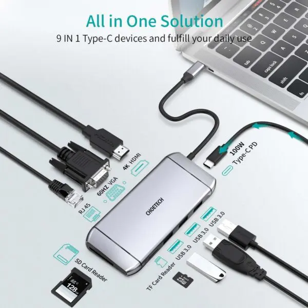 อุปกรณ์เชื่อมต่อ Choetech รุ่น 9-In-1 USB-C Multiport Adapter Hub (M15) - สีเทา