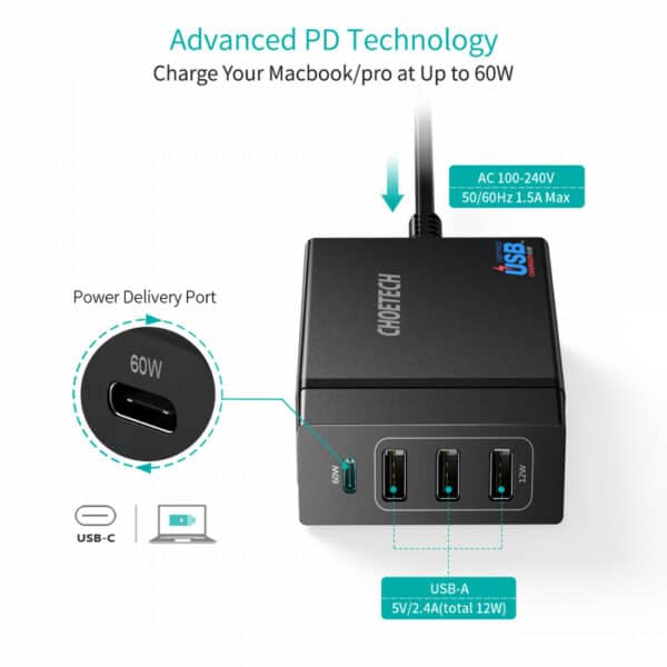 หัวชาร์จ Choetech รุ่น 4-Port Desktop Charger PD72W และสาย 1.5m US Power Cord (PD72-1C3U) - สีดำ