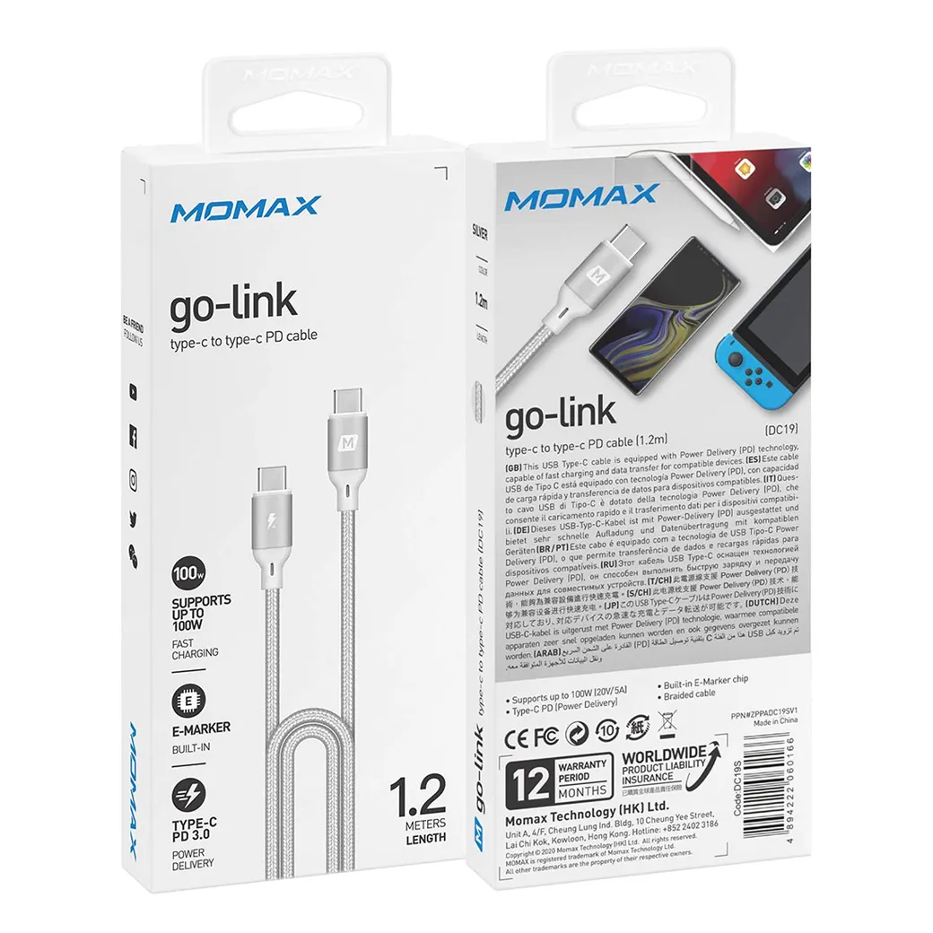 สายชาร์จ Momax รุ่น Go Link USB-C to USB-C PD 100W สายยาว 1.2 เมตร - สีเงิน