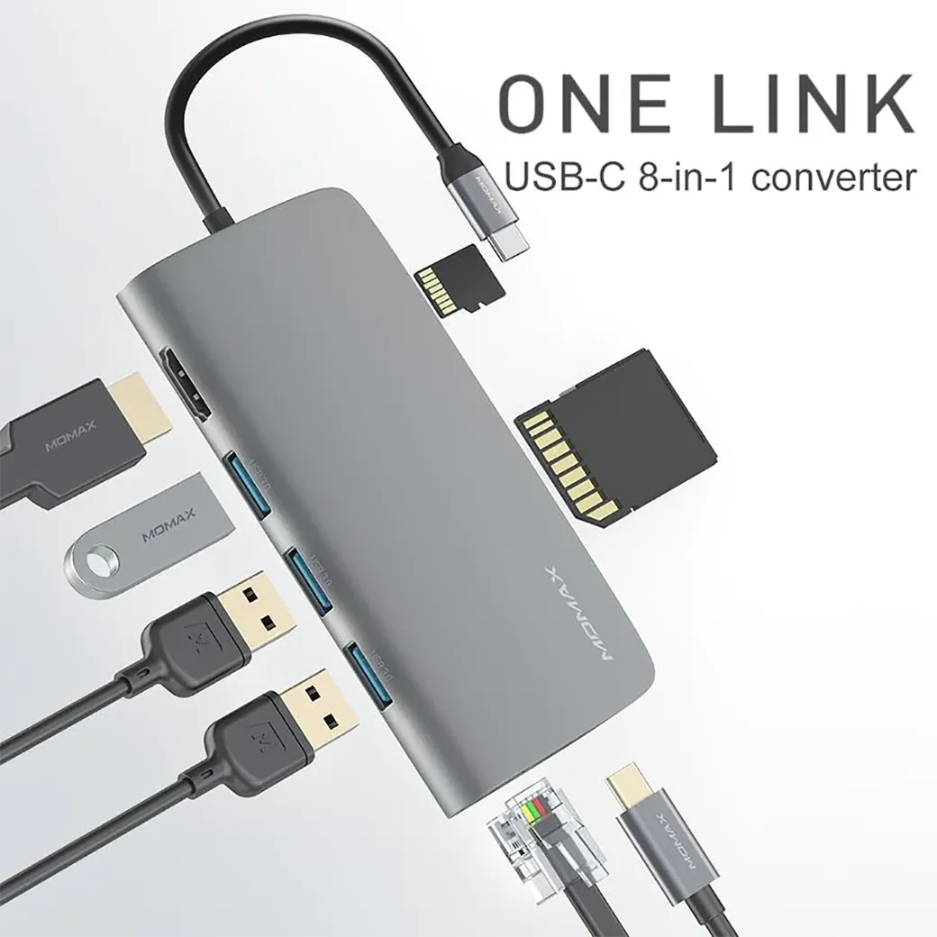 อุปกรณ์เชื่อมต่อ Momax รุ่น One Link 8 in 1 USB C PD Hub - สีเทาสเปซเกรย์