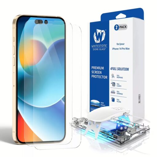 Whitestone Dome Glass - ฟิล์มกระจก iPhone 14 Pro Max - อุปกรณ์การติดแบบครบชุด (ฟิล์มหน้าจอ 2 แผ่น)