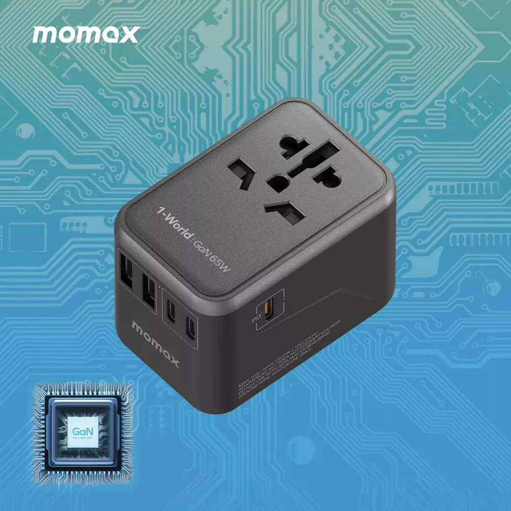 Momax หัวชาร์จ+หัวแปลงปลั๊กไฟ รุ่น 1-World Travel Adapter ชาร์จไว GaN 65W มาพร้อมช่อง USB-C และ USB-A - สี Black