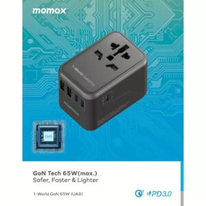 Momax หัวชาร์จ+หัวแปลงปลั๊กไฟ รุ่น 1-World Travel Adapter ชาร์จไว GaN 65W มาพร้อมช่อง USB-C และ USB-A - สี Black