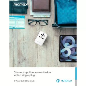 Momax หัวชาร์จ+หัวแปลงปลั๊กไฟ รุ่น 1-World Travel Adapter ชาร์จไว GaN 65W มาพร้อมช่อง USB-C และ USB-A - สี Black