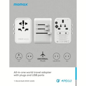 Momax หัวชาร์จ+หัวแปลงปลั๊กไฟ รุ่น 1-World Travel Adapter ชาร์จไว GaN 65W มาพร้อมช่อง USB-C และ USB-A - สี Black