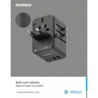 Momax หัวชาร์จ+หัวแปลงปลั๊กไฟ รุ่น 1-World Travel Adapter ชาร์จไว GaN 65W มาพร้อมช่อง USB-C และ USB-A - สี Black
