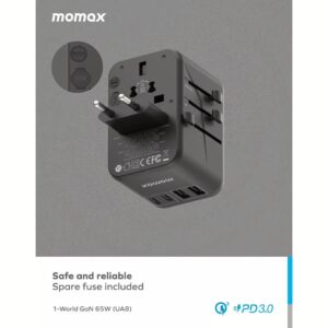 Momax หัวชาร์จ+หัวแปลงปลั๊กไฟ รุ่น 1-World Travel Adapter ชาร์จไว GaN 65W มาพร้อมช่อง USB-C และ USB-A - สี Black