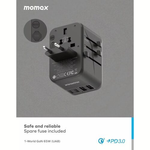 Momax หัวชาร์จ+หัวแปลงปลั๊กไฟ รุ่น 1-World Travel Adapter ชาร์จไว GaN 65W มาพร้อมช่อง USB-C และ USB-A - สี Black - Image 6
