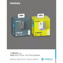 Momax หัวชาร์จ+หัวแปลงปลั๊กไฟ รุ่น 1-World Travel Adapter ชาร์จไว GaN 65W มาพร้อมช่อง USB-C และ USB-A - สี Black