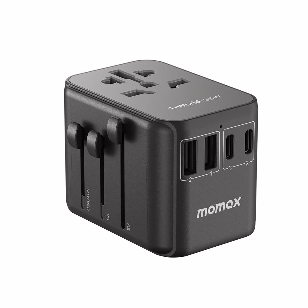 Momax หัวชาร์จ+หัวแปลงปลั๊กไฟ รุ่น 1-World Travel Adapter 5 พอร์ต ชาร์จไว 35W มาพร้อมช่อง USB-C และ USB-A - สี Black