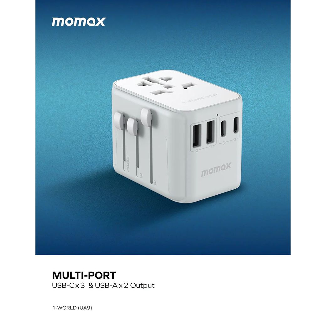 Momax หัวชาร์จ+หัวแปลงปลั๊กไฟ รุ่น 1-World Travel Adapter 5 พอร์ต ชาร์จไว 35W มาพร้อมช่อง USB-C และ USB-A - สี Black
