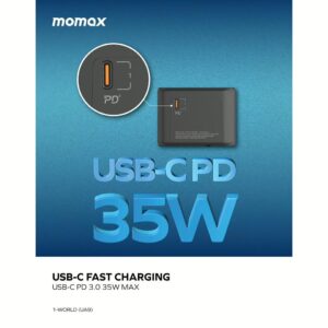 Momax หัวชาร์จ+หัวแปลงปลั๊กไฟ รุ่น 1-World Travel Adapter 5 พอร์ต ชาร์จไว 35W มาพร้อมช่อง USB-C และ USB-A - สี Black