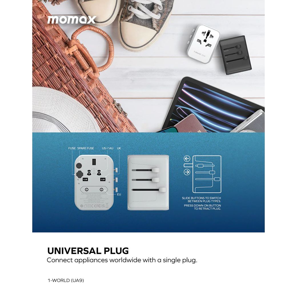 Momax หัวชาร์จ+หัวแปลงปลั๊กไฟ รุ่น 1-World Travel Adapter 5 พอร์ต ชาร์จไว 35W มาพร้อมช่อง USB-C และ USB-A - สี White