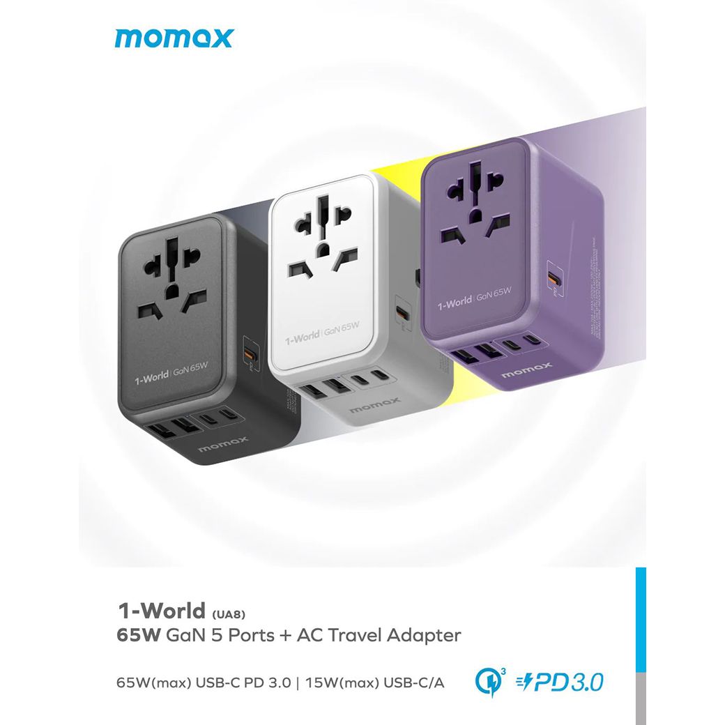 Momax หัวชาร์จ+หัวแปลงปลั๊กไฟ รุ่น 1-World Travel Adapter 5 พอร์ต ชาร์จไว 35W มาพร้อมช่อง USB-C และ USB-A - สี Black