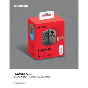 Momax หัวชาร์จ+หัวแปลงปลั๊กไฟ รุ่น 1-World Travel Adapter 5 พอร์ต ชาร์จไว 35W มาพร้อมช่อง USB-C และ USB-A - สี Black