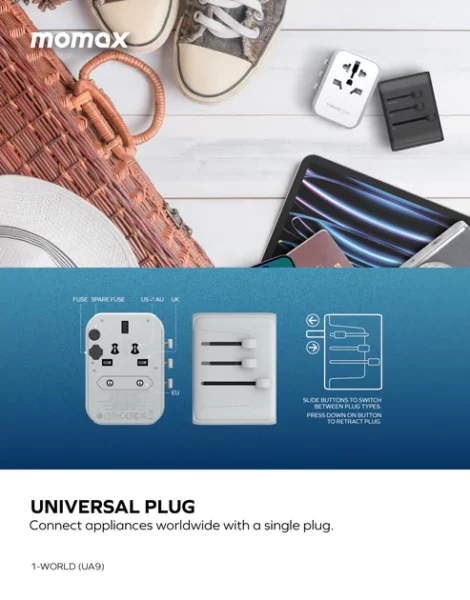 Momax หัวชาร์จ+หัวแปลงปลั๊กไฟ รุ่น 1-World Travel Adapter 5 พอร์ต ชาร์จไว 35W มาพร้อมช่อง USB-C และ USB-A - สี White