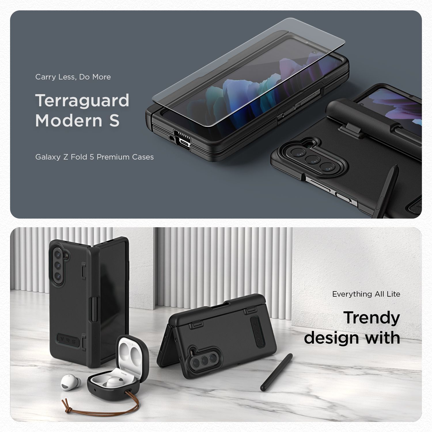 VRS รุ่น Terra Guard Modern S - เคส Galaxy Z Fold 5 - สี Matte Black (แถมฟิล์มหน้าจอ)