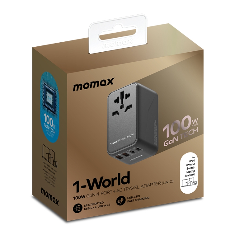 หัวแปลงปลั๊กไฟ Momax รุ่น 1-World I Dreamer PD 100W GaN 4 ports + AC Travel Adapter - สี Black