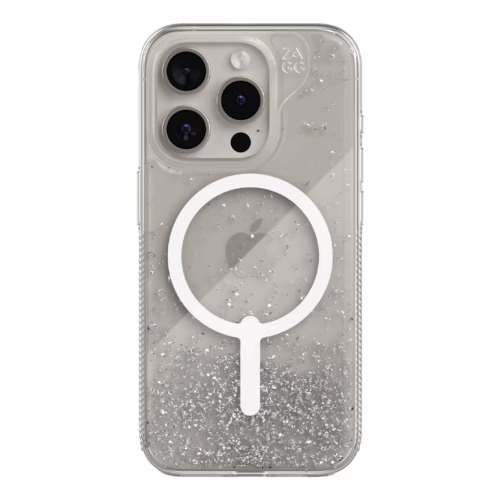 ZAGG รุ่น Essential Hampton Snap - เคส iPhone 15 Pro Max - สี Clear/Silver Glitter