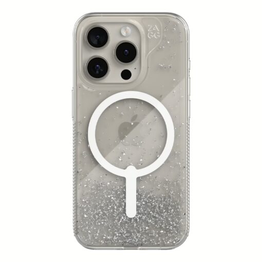 ZAGG รุ่น Essential Hampton Snap - เคส iPhone 15 Pro Max - สี Clear/Silver Glitter