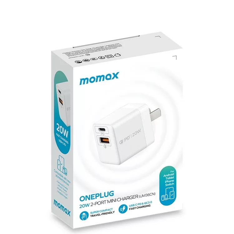 Momax หัวชาร์จ รุ่น ONE Plug อแดปเตอร์ 2 พอร์ต Type-C + USB Fast Charge 20W - สี White 3 Momax หัวชาร์จ รุ่น ONE Plug อแดปเตอร์ 2 พอร์ต Type-C + USB Fast Charge 20W - สี White