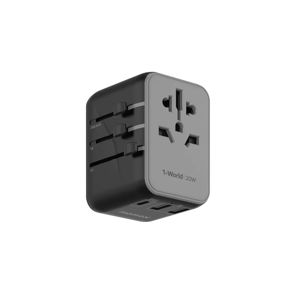 Momax หัวชาร์จ+หัวแปลงปลั๊กไฟ รุ่น 1-World Travel Adapter กำลังไฟ 20W มาพร้อมช่อง USB-C และ USB-A - สี Black
