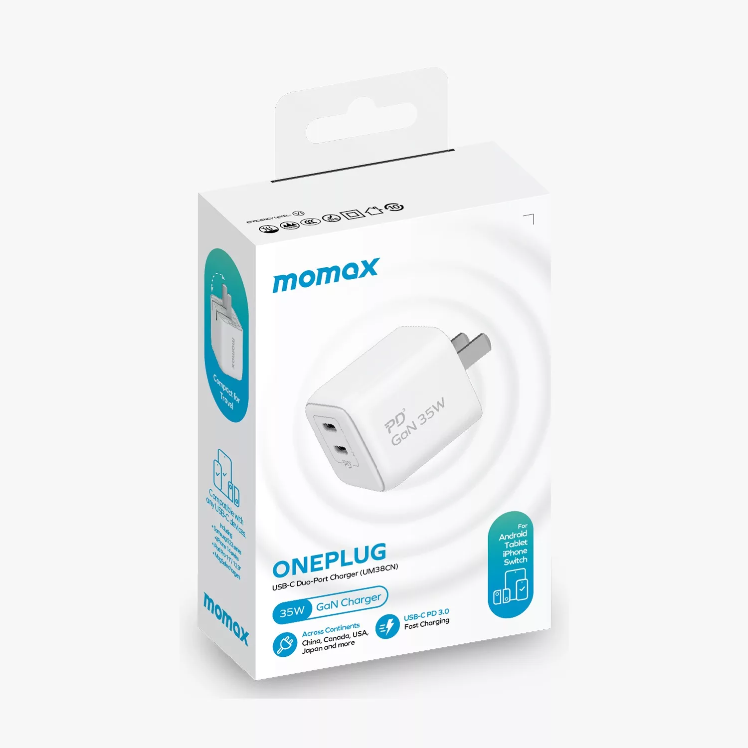 Momax หัวชาร์จ รุ่น ONE Plug อแดปเตอร์ GaN 2 พอร์ต Type-C Fast Charge 35W - สี White 2 Momax หัวชาร์จ รุ่น ONE Plug อแดปเตอร์ GaN 2 พอร์ต Type-C Fast Charge 35W - สี White