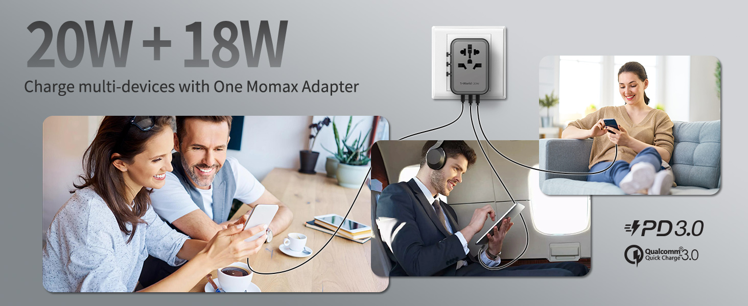 หัวแปลงปลั๊กไฟ Momax รุ่น 1-World 20W 3-port + AC Travel Adapter UA11 - สี Black