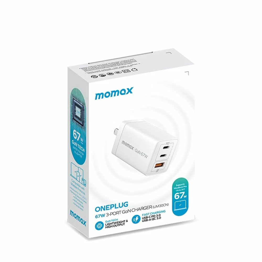 Momax หัวชาร์จ รุ่น ONE Plug อแดปเตอร์ GaN 3 พอร์ต Type-C + USB Fast Charge 10A 67W - สี White