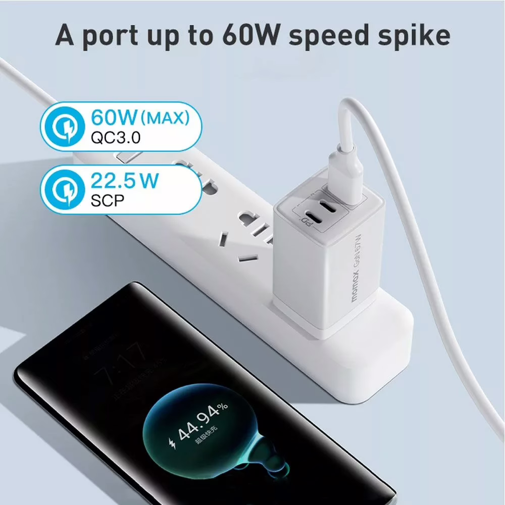 Momax หัวชาร์จ รุ่น ONE Plug อแดปเตอร์ GaN 3 พอร์ต Type-C + USB Fast Charge 10A 67W - สี White