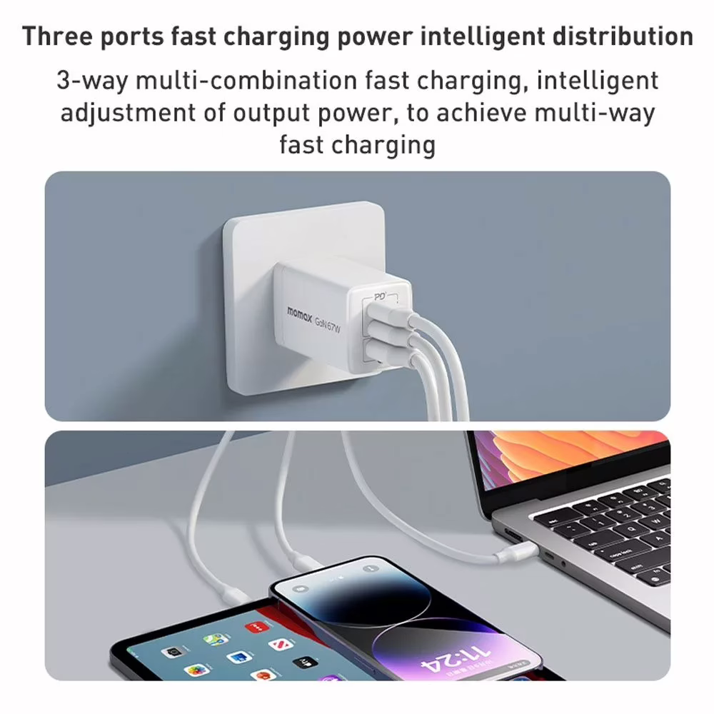 Momax หัวชาร์จ รุ่น ONE Plug อแดปเตอร์ GaN 3 พอร์ต Type-C + USB Fast Charge 10A 67W - สี White