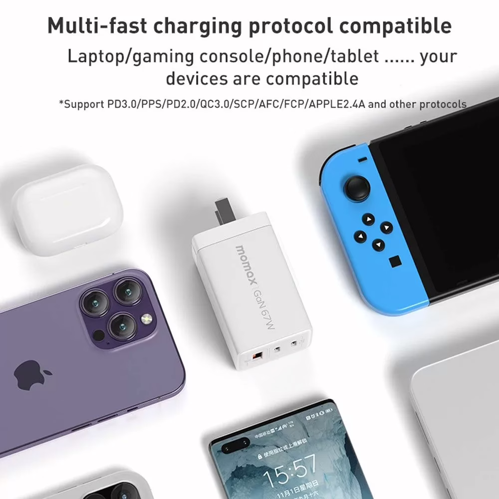 Momax หัวชาร์จ รุ่น ONE Plug อแดปเตอร์ GaN 3 พอร์ต Type-C + USB Fast Charge 10A 67W - สี White