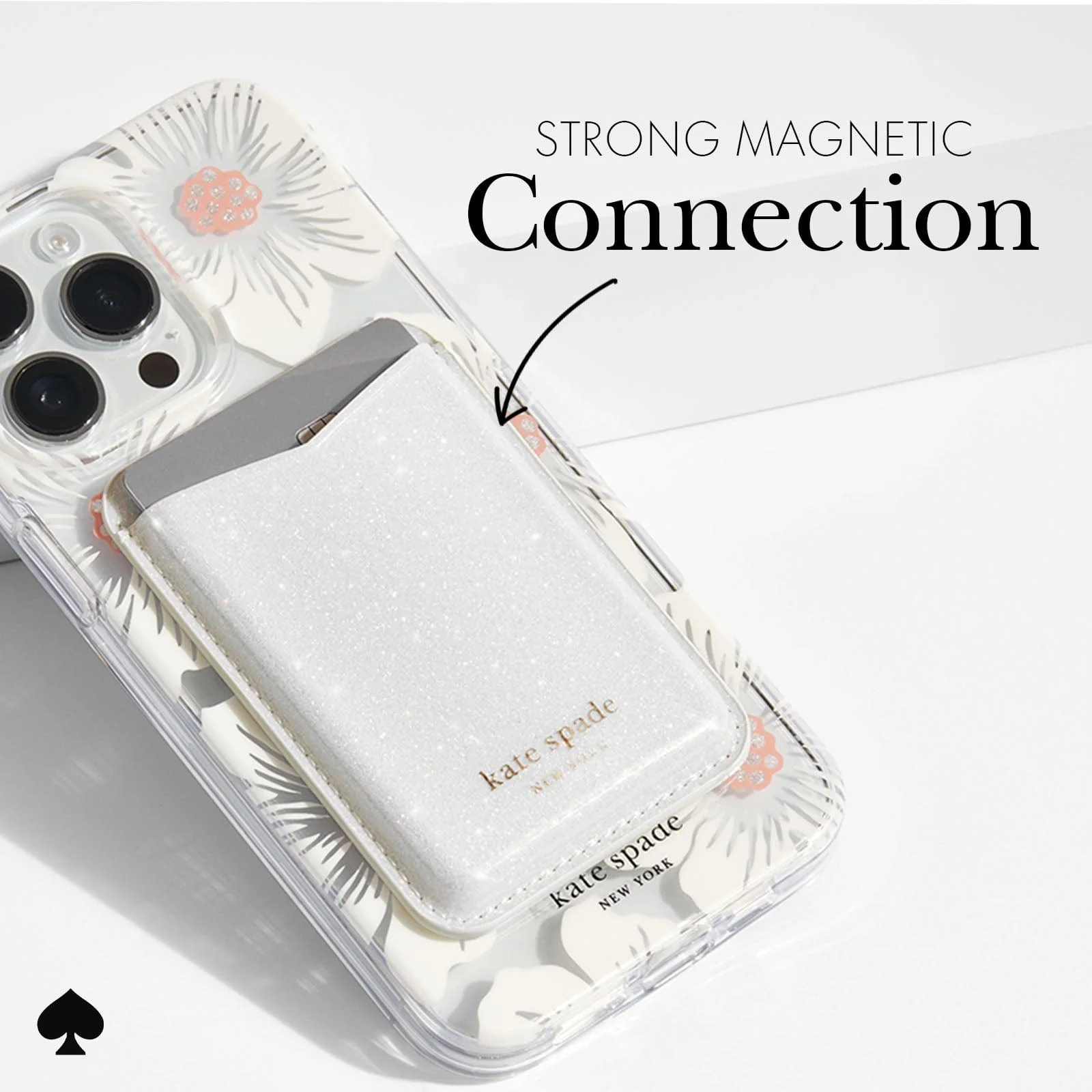 Kate Spade New York รุ่น Magnetic Card Holder - ที่เก็บบัตรติดหลังมือถือ - ลาย White Glitter