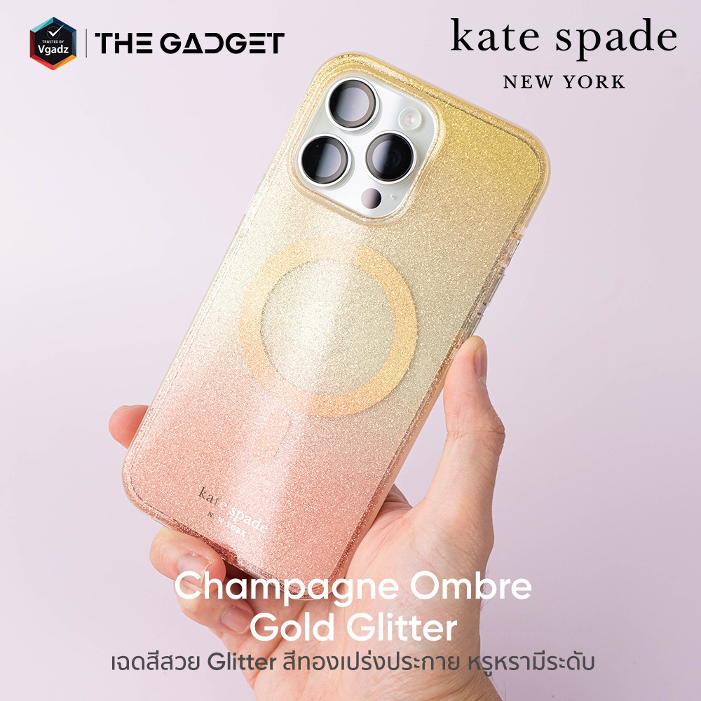 Kate Spade New York รุ่น Defensive Hardshell for MagSafe - เคส iPhone 15 Pro Max - ลาย Champagne Ombre Gold Glitter