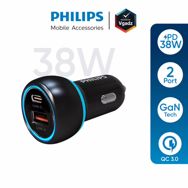 Philips รุ่น PD38W Car Charger Dual Port ที่ชาร์จในรถยนต์ - สี Black
